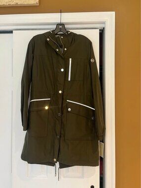 Michael Kors hooded jacket olive green silver buttons cinch waist